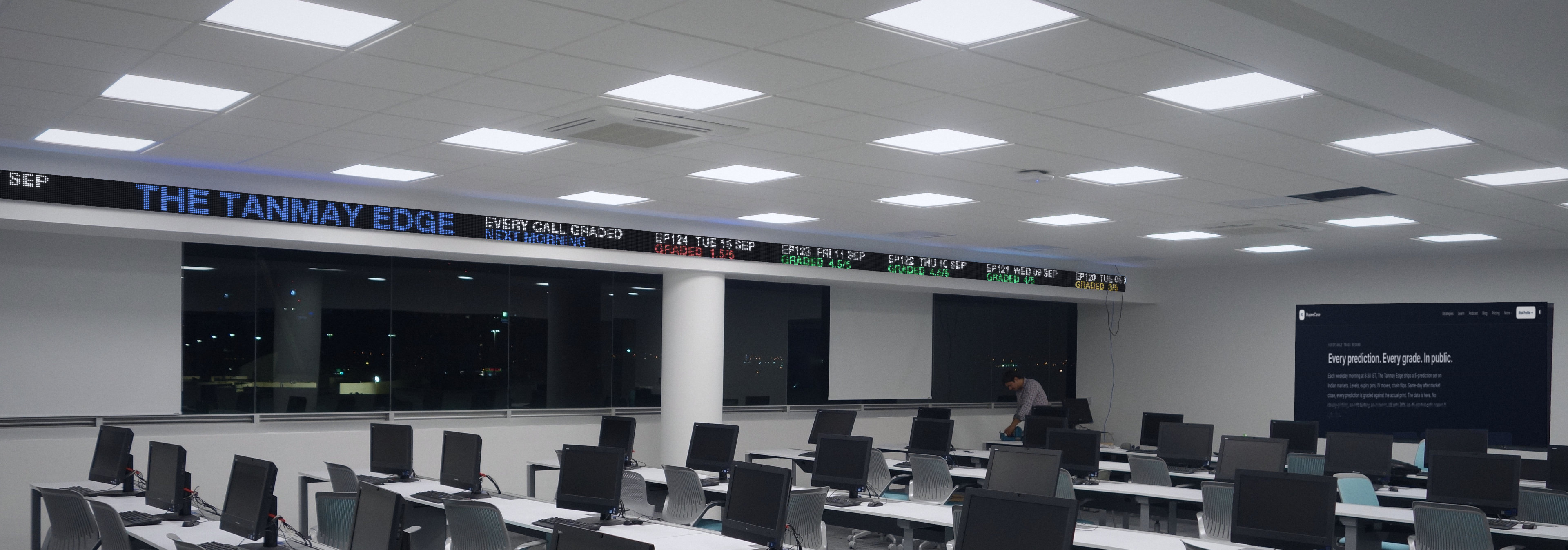 A trading room with an LED ticker running the graded podcast calls