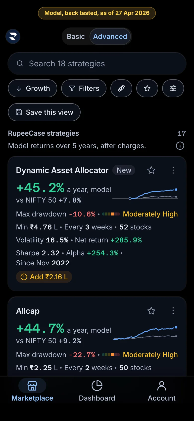 The RupeeCase marketplace: strategy cards with model growth per year, max drawdown and model curves beside the NIFTY 50, model figures as of 27 Apr 2026