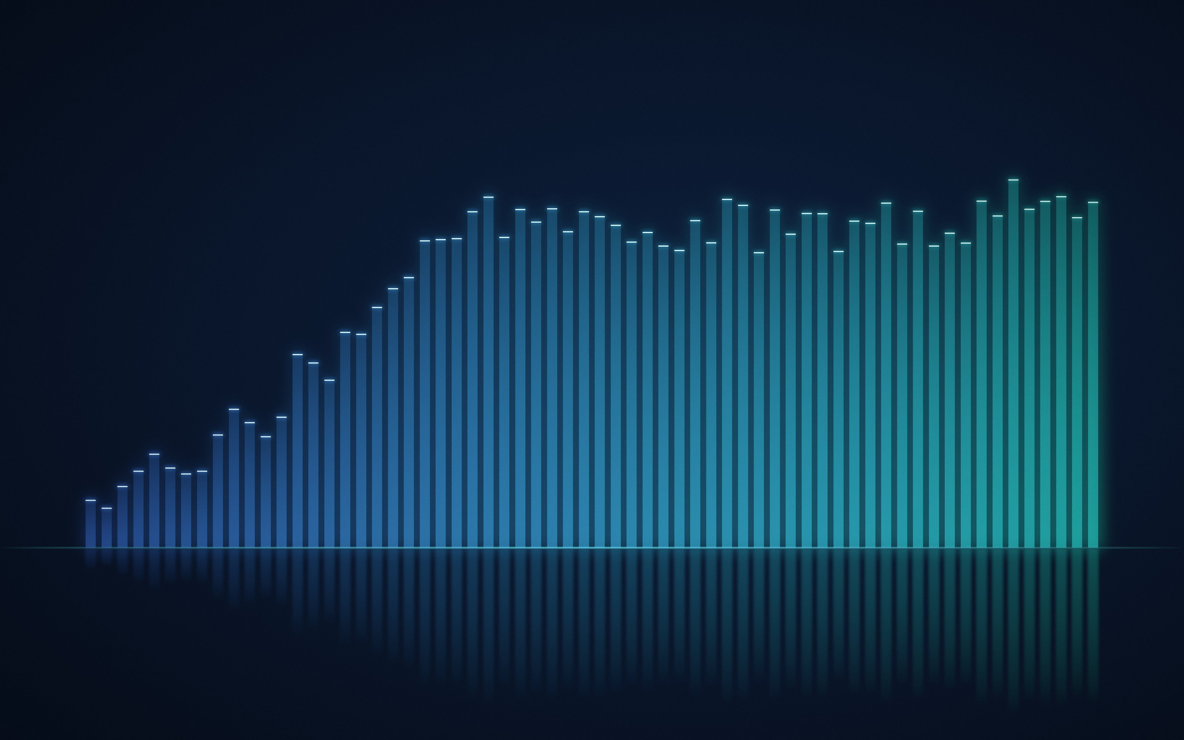 Glowing teal and blue bars rising left to right over a glass floor, like a year of monthly returns
