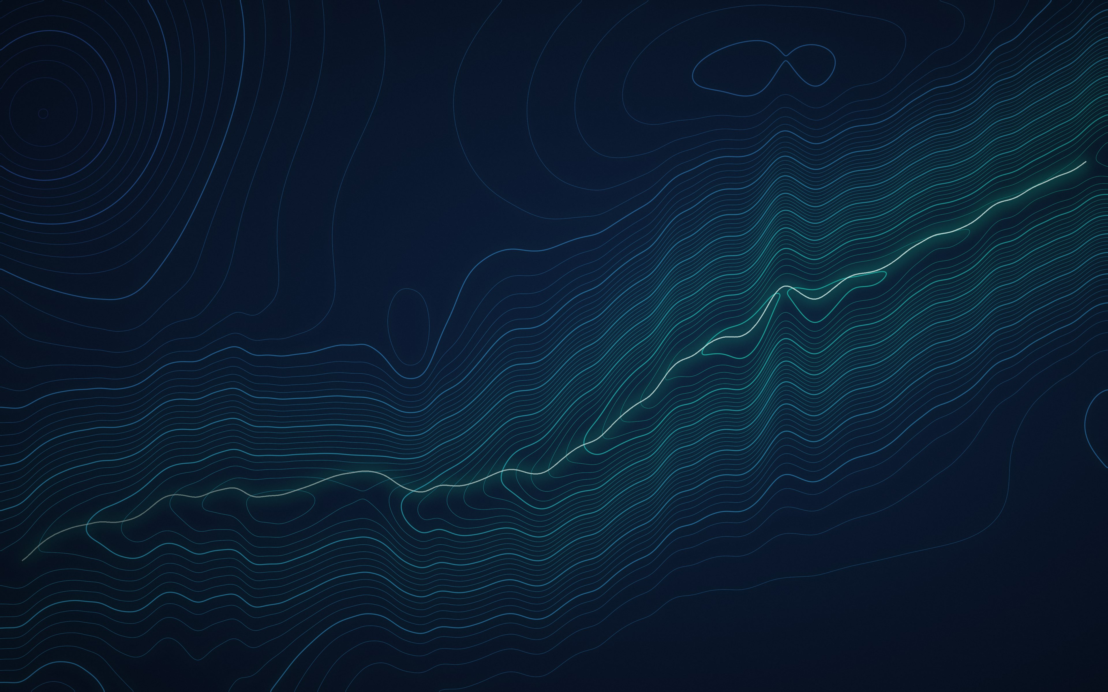 A navy topographic contour map whose ridge traces a rising return curve in teal