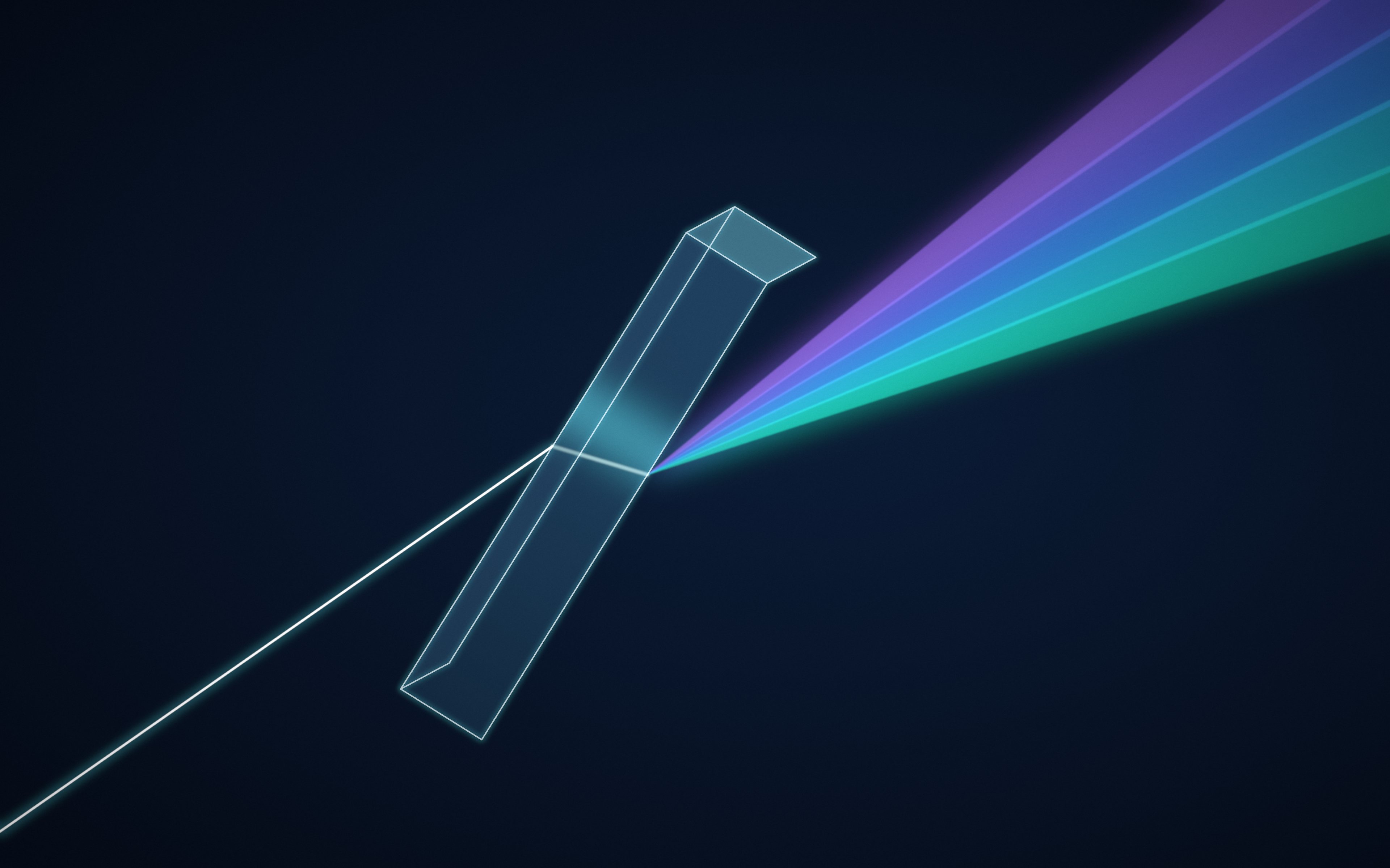 A single ray of light passes through a tilted glass slab and fans out into teal, blue and violet bands