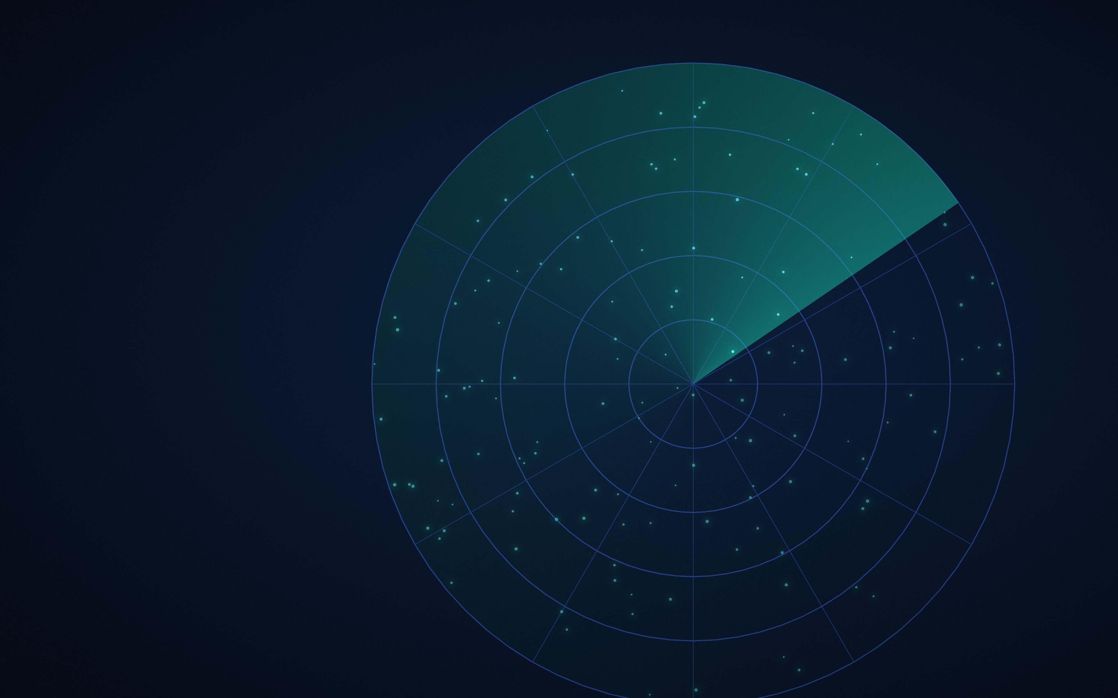 A radar sweep in teal over a polar grid dotted with lit points
