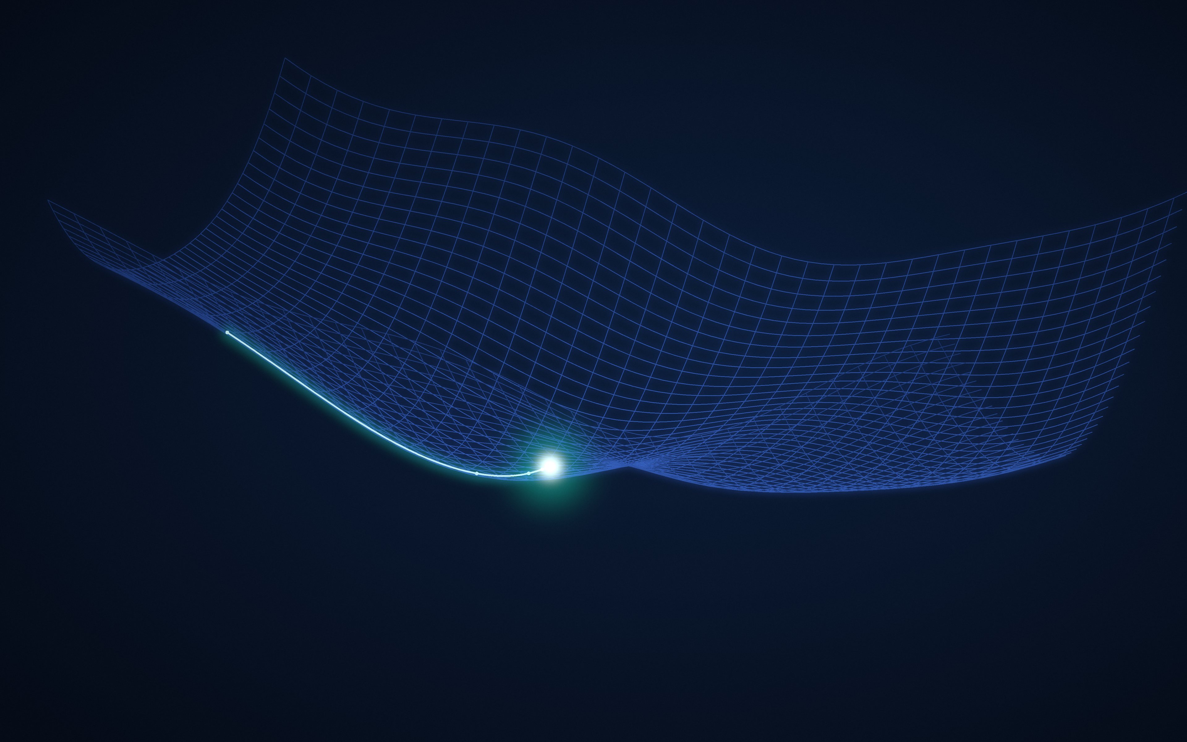 A blue wireframe surface on navy, a lit path descending its slope to the lowest point