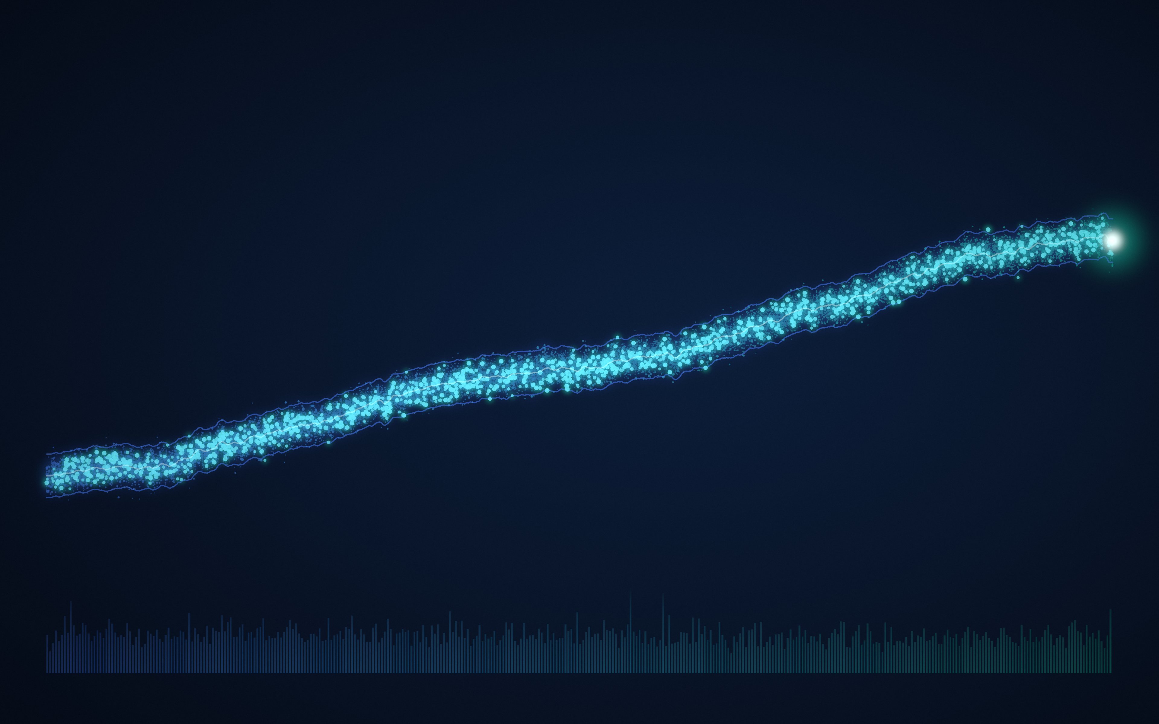 A long tape of teal trade points rising across navy, a thin spread ribbon and a volume floor, the latest tick lit
