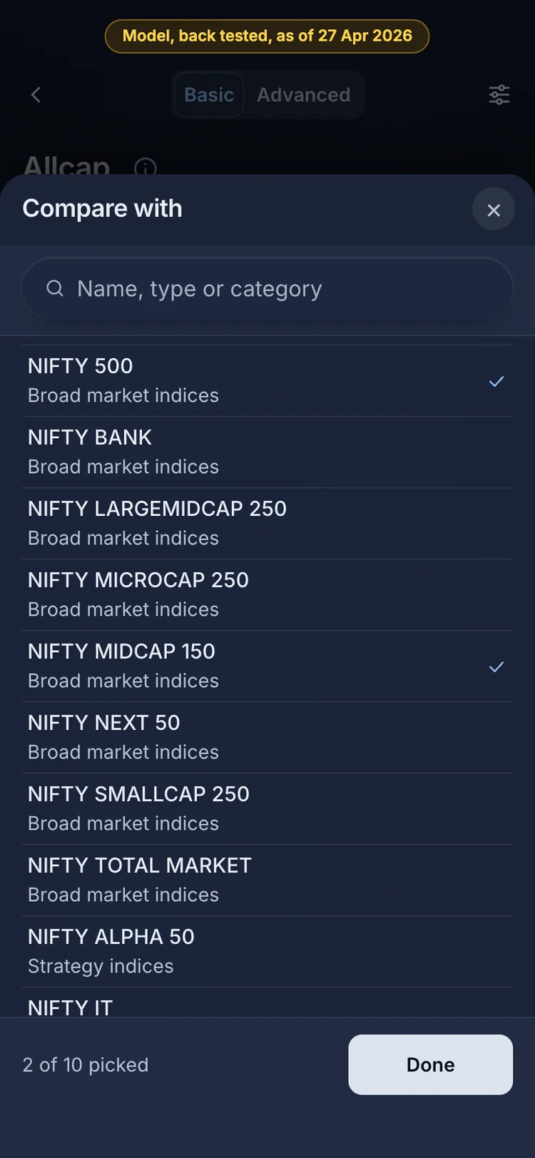 The RupeeCase app on a phone. Compare on a strategy page adds NSE indices, such as the NIFTY 500 and NIFTY MIDCAP 150.