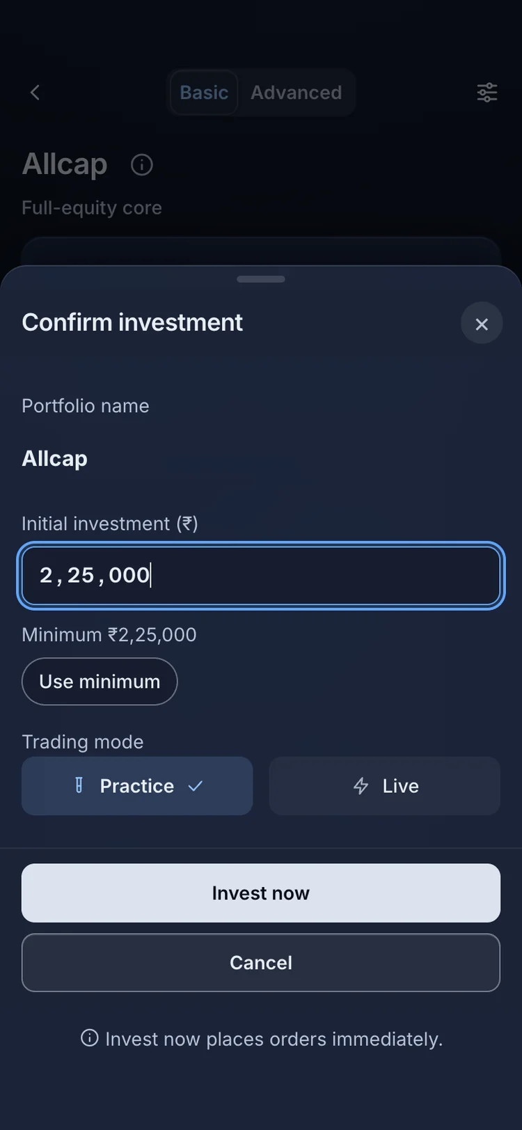 The RupeeCase app on a phone. The sheet opens with the minimum as the amount; Use minimum puts it back.