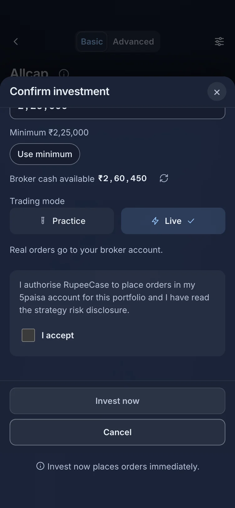 The RupeeCase app on a phone. Live shows your broker cash and asks for your consent before any order.