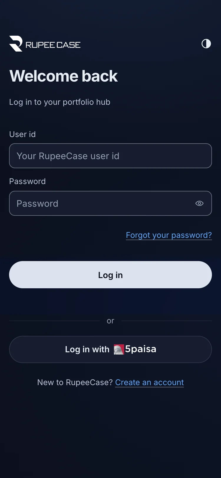 The RupeeCase app on a phone. You log in with your own broker account, here 5paisa.