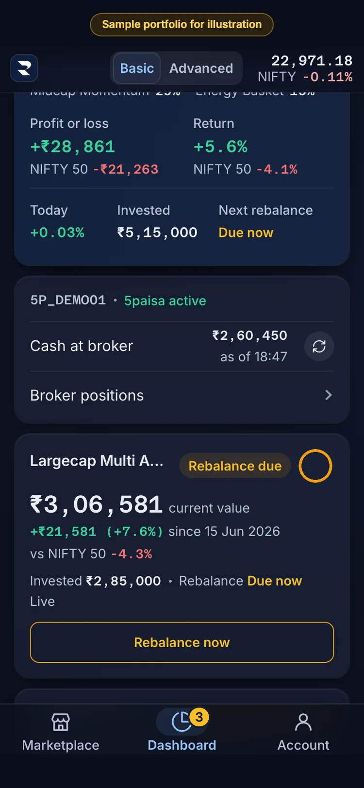 The RupeeCase app on a phone. Fetch reads the cash in your own broker account. RupeeCase never holds it.