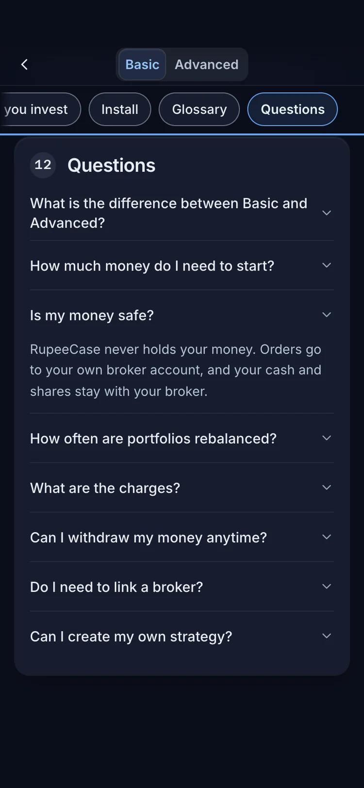 The RupeeCase app on a phone. RupeeCase never holds your money: orders go to your own broker account.