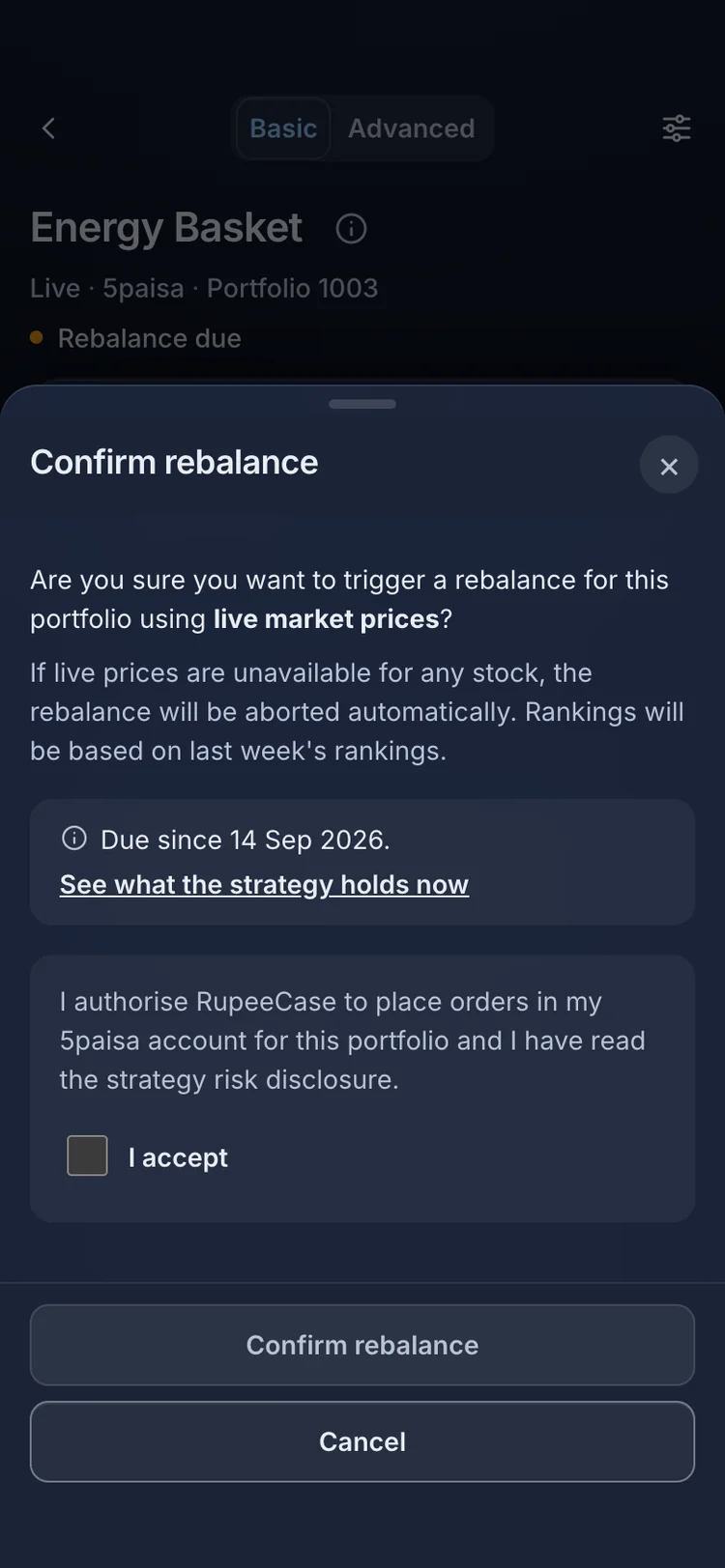 The RupeeCase app on a phone. Confirm rebalance says when it fell due and asks for your consent.
