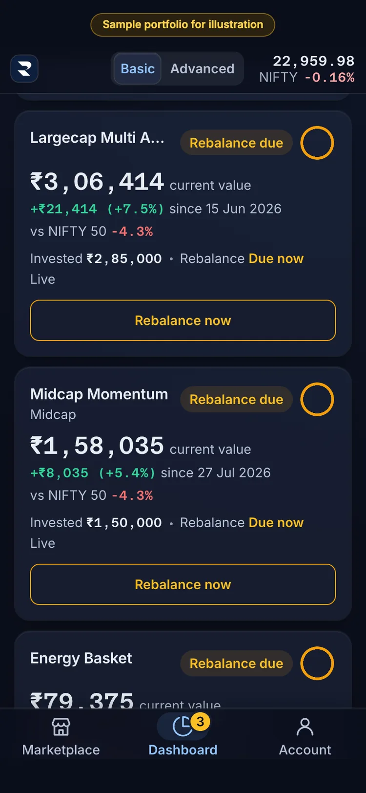 The RupeeCase app on a phone. Each portfolio has a card: current value, the gain since you invested, and the NIFTY 50 beside it.