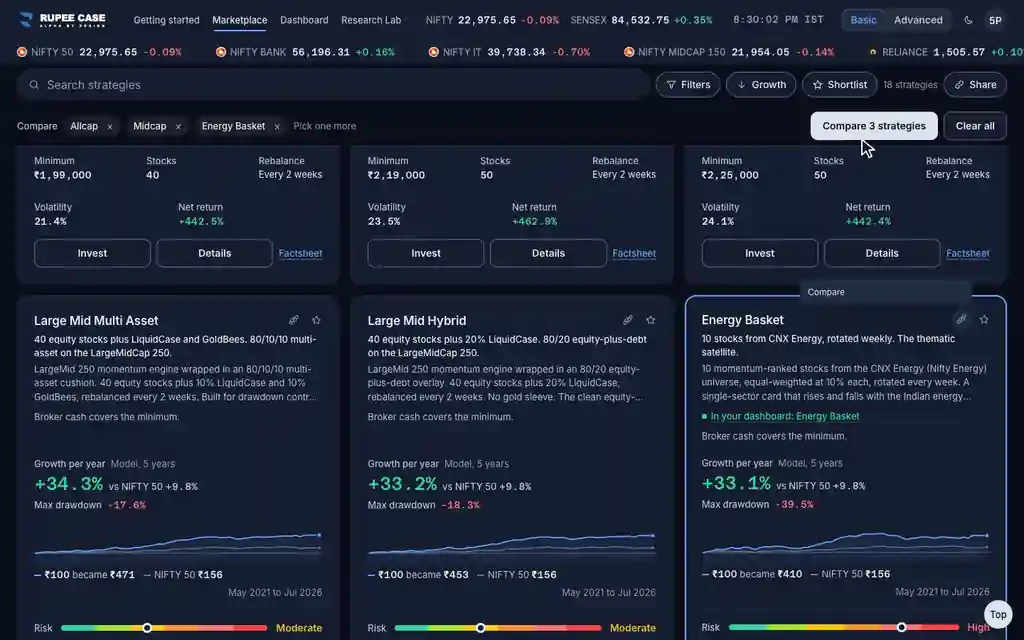 What it means: the RupeeCase app on a desktop, sample data, numbered markers on the buttons listed beside it