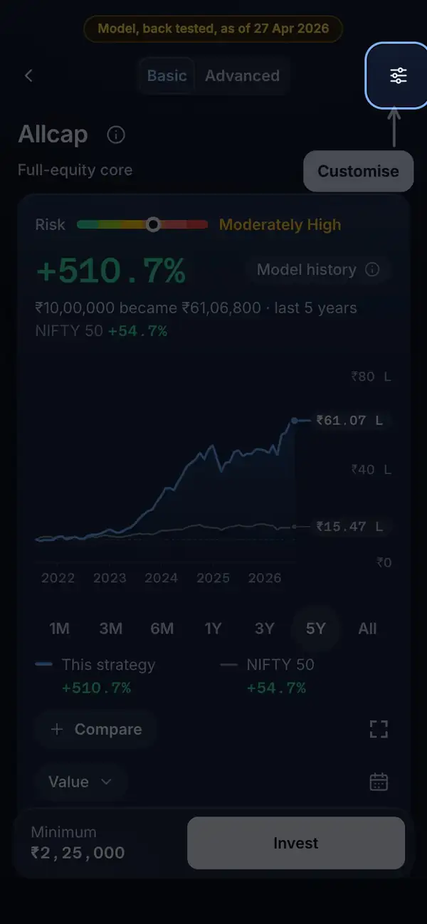 Where it is: the RupeeCase app on a phone, sample data, numbered markers on the buttons listed beside it