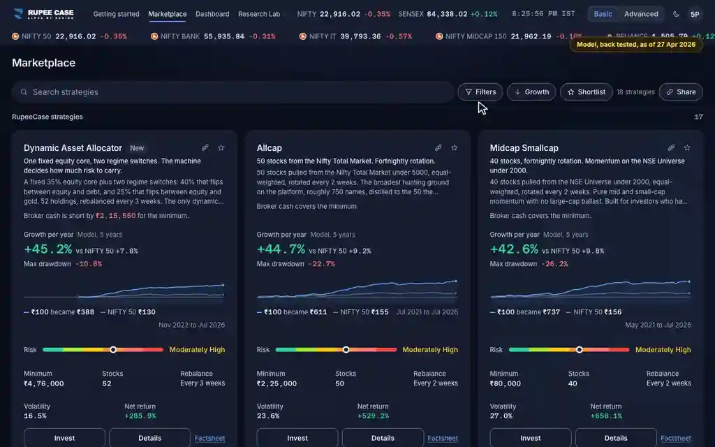 What it means: the RupeeCase app on a desktop, sample data, numbered markers on the buttons listed beside it