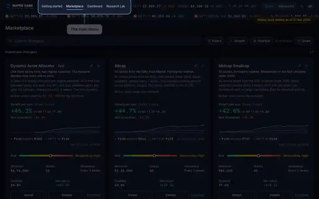 The RupeeCase terminal on sample data: Getting around: where are the tabs, markets and glossary?