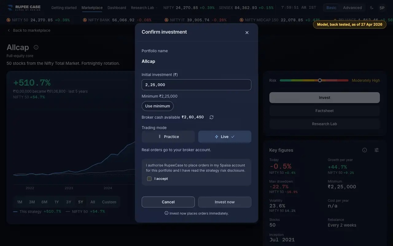 What it means: the RupeeCase app on a desktop, sample data, numbered markers on the buttons listed beside it