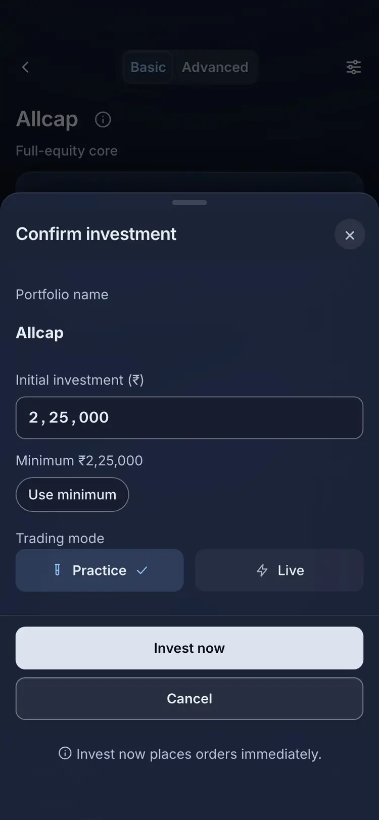 What it means: the RupeeCase app on a phone, sample data, numbered markers on the buttons listed beside it