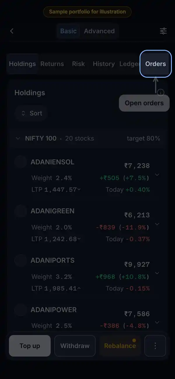 How to read it: the RupeeCase app on a phone, sample data, numbered markers on the buttons listed beside it