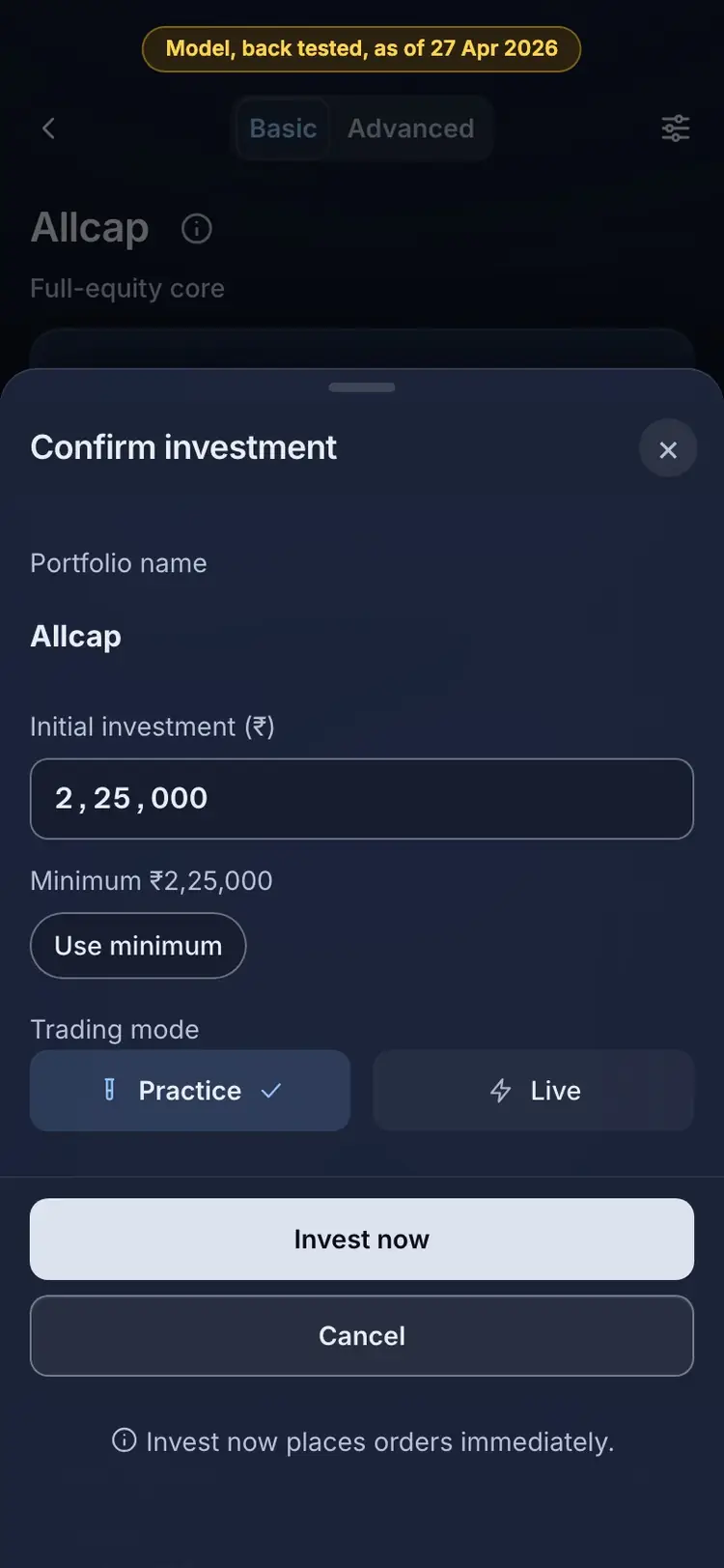 What it means: the RupeeCase app on a phone, sample data, numbered markers on the buttons listed beside it
