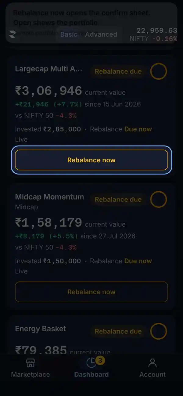 How to read it: the RupeeCase app on a phone, sample data, numbered markers on the buttons listed beside it