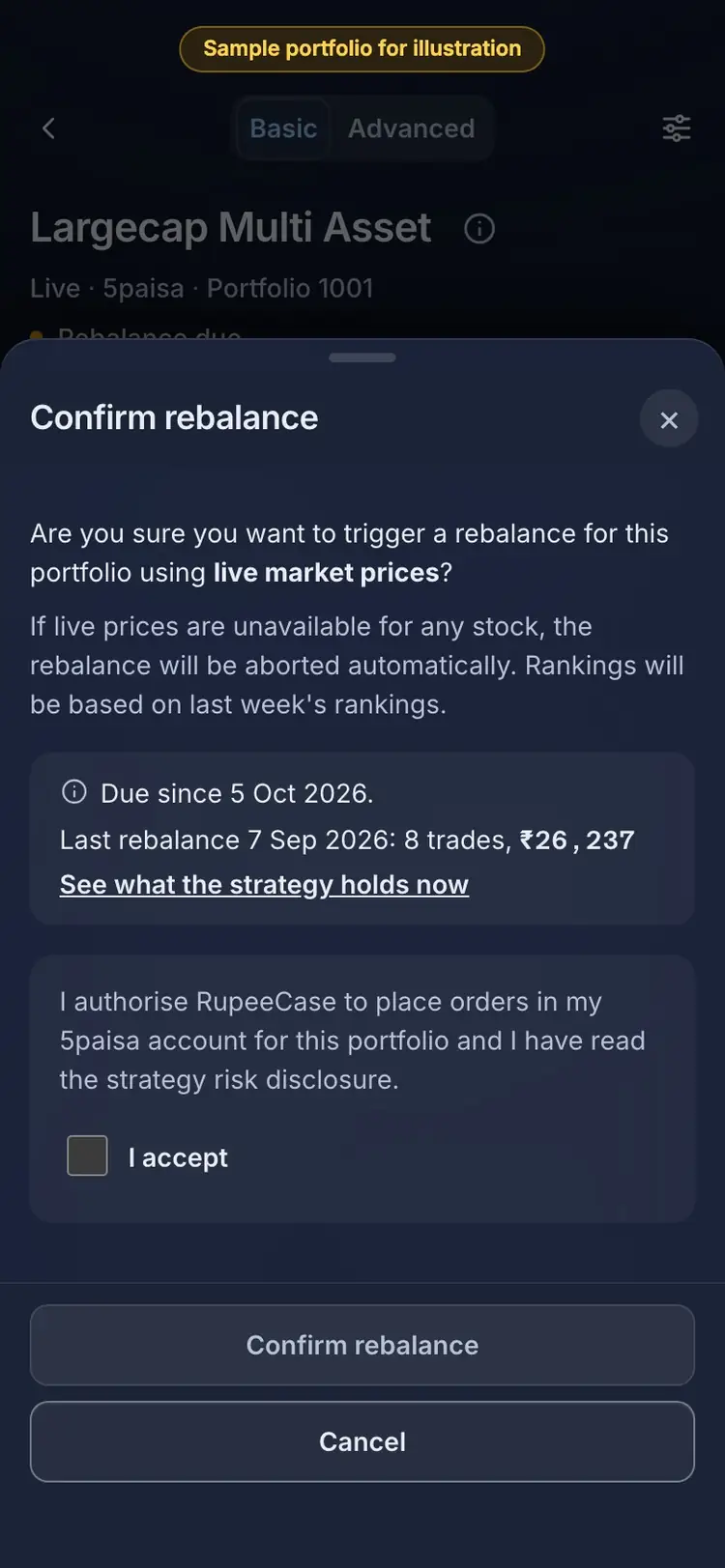 What it means: the RupeeCase app on a phone, sample data, numbered markers on the buttons listed beside it