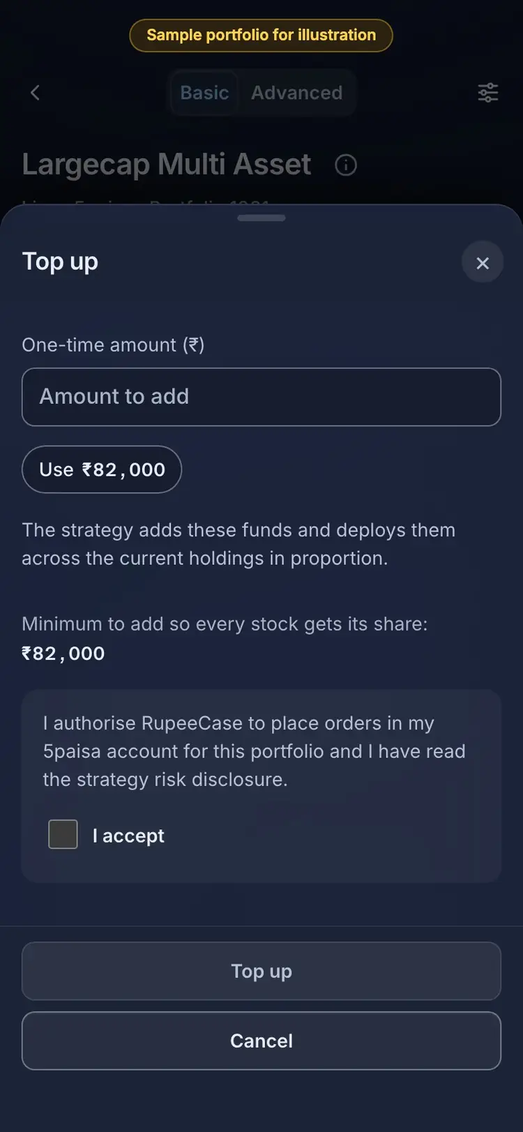 What it means: the RupeeCase app on a phone, sample data, numbered markers on the buttons listed beside it