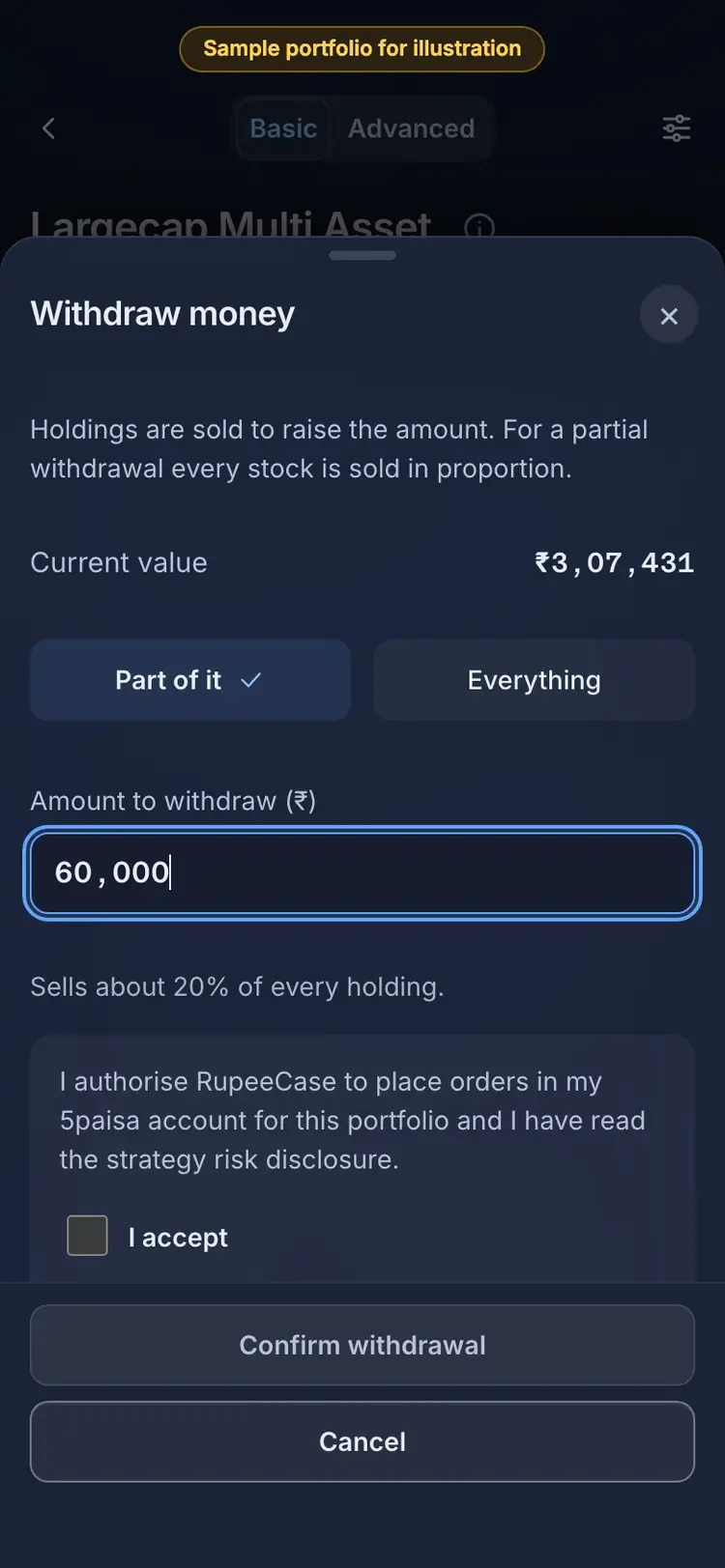 What it means: the RupeeCase app on a phone, sample data, numbered markers on the buttons listed beside it