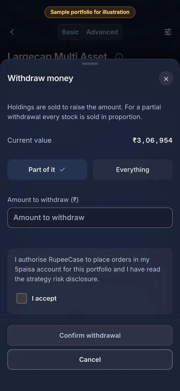 Watch out: the RupeeCase app on a phone, sample data, numbered markers on the buttons listed beside it