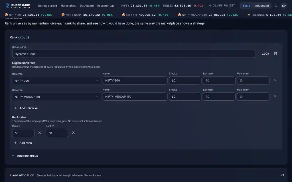 What it means: the RupeeCase app on a desktop, sample data, numbered markers on the buttons listed beside it