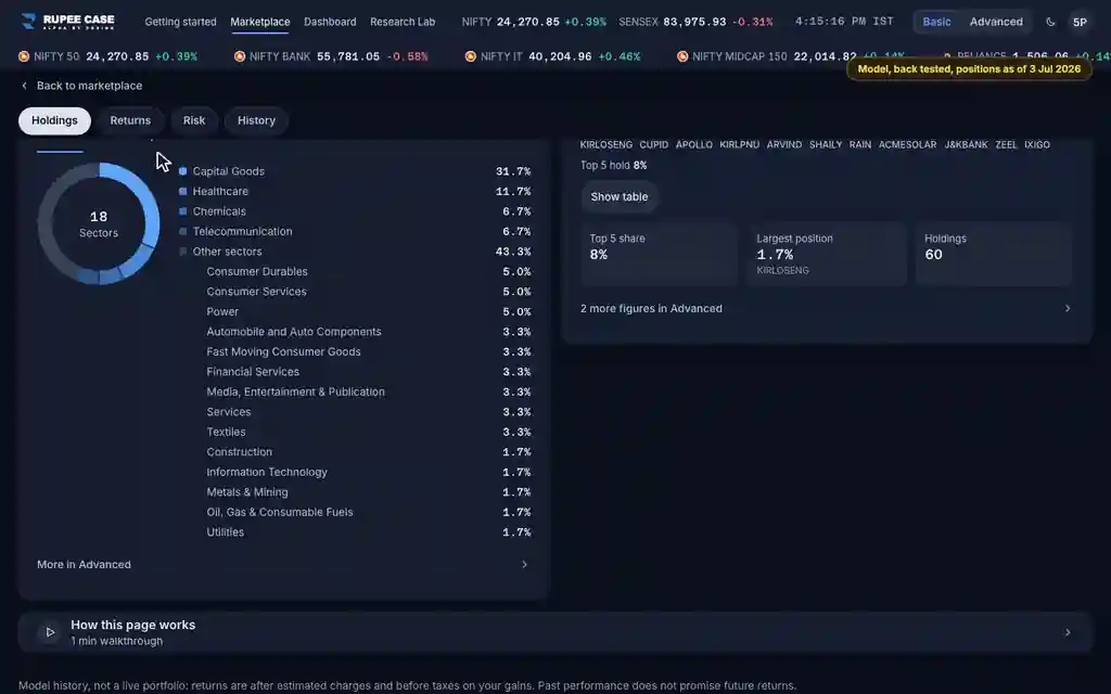 The RupeeCase terminal on sample data: Market cap bands: how does the app call a stock large or small?
