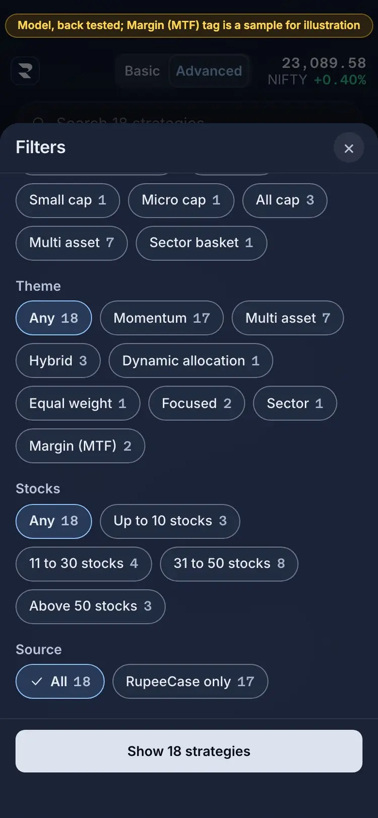 Where it is: the RupeeCase app on a phone, sample data, numbered markers on the buttons listed beside it
