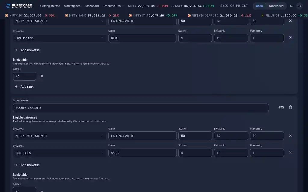The RupeeCase terminal on sample data: Rank table: how does a dynamic allocation share out its money?