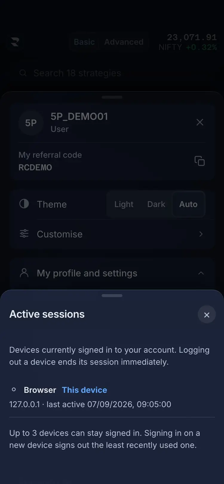 What it means: the RupeeCase app on a phone, sample data, numbered markers on the buttons listed beside it