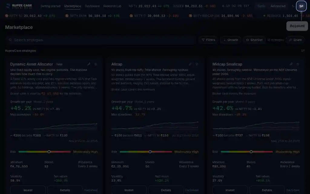 The RupeeCase terminal on sample data: The account menu: where are sessions, links and codes?