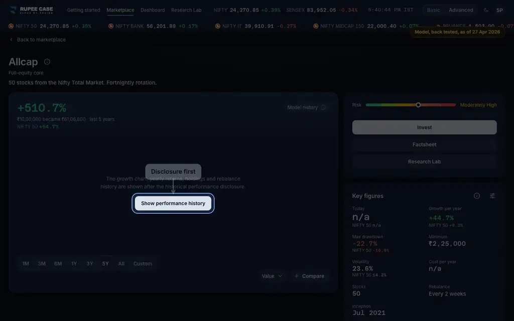 What it means: the RupeeCase app on a desktop, sample data, numbered markers on the buttons listed beside it