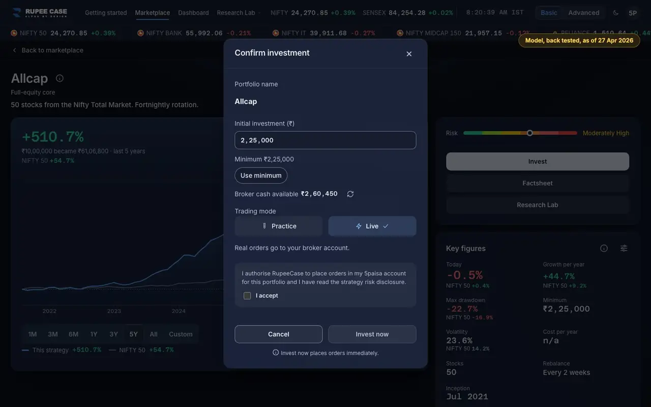 How to read it: the RupeeCase app on a desktop, sample data, numbered markers on the buttons listed beside it