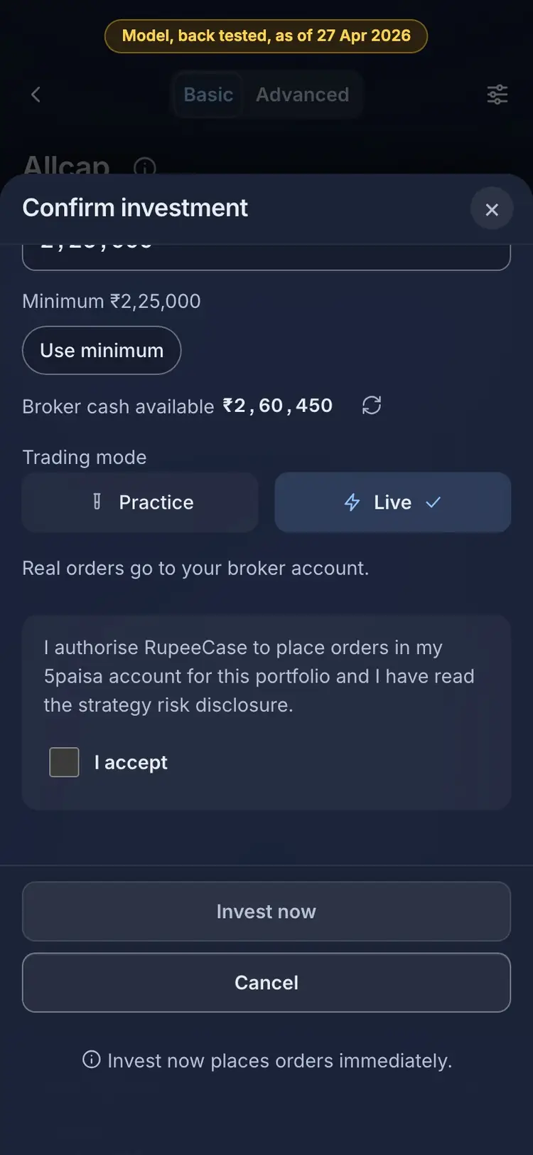 How to read it: the RupeeCase app on a phone, sample data, numbered markers on the buttons listed beside it