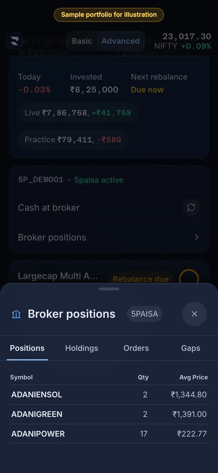 What it means: the RupeeCase app on a phone, sample data, numbered markers on the buttons listed beside it