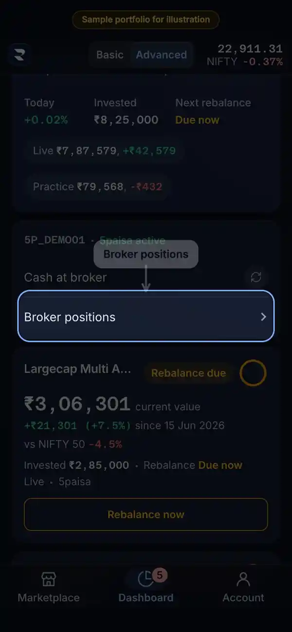 Where it is: the RupeeCase app on a phone, sample data, numbered markers on the buttons listed beside it