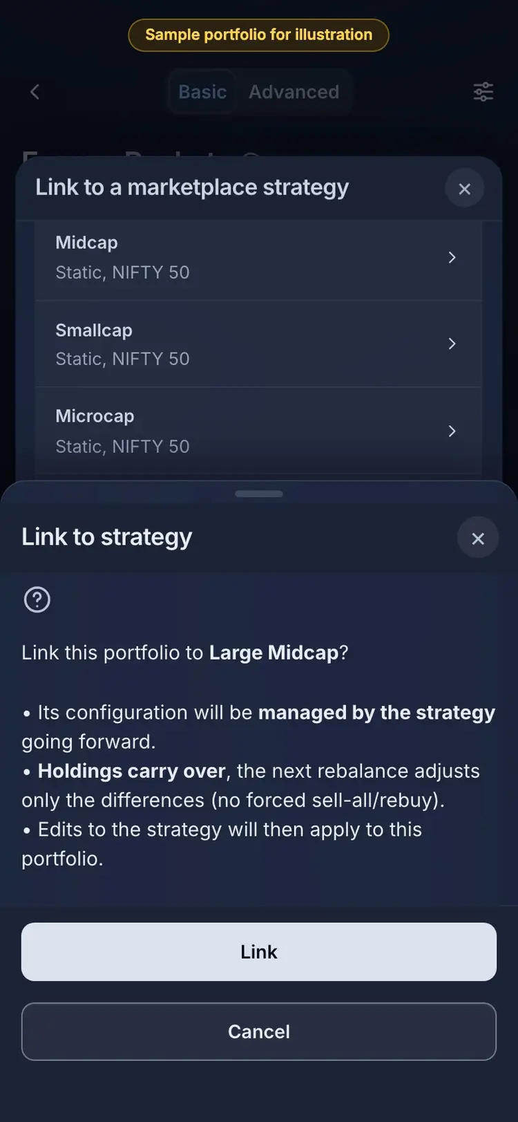What it means: the RupeeCase app on a phone, sample data, numbered markers on the buttons listed beside it