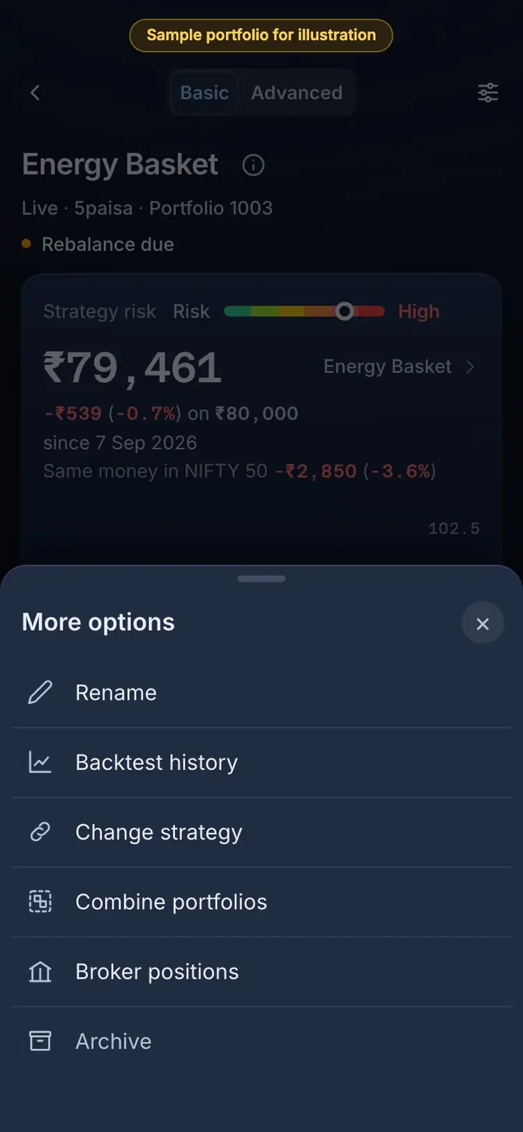 Where it is: the RupeeCase app on a phone, sample data, numbered markers on the buttons listed beside it
