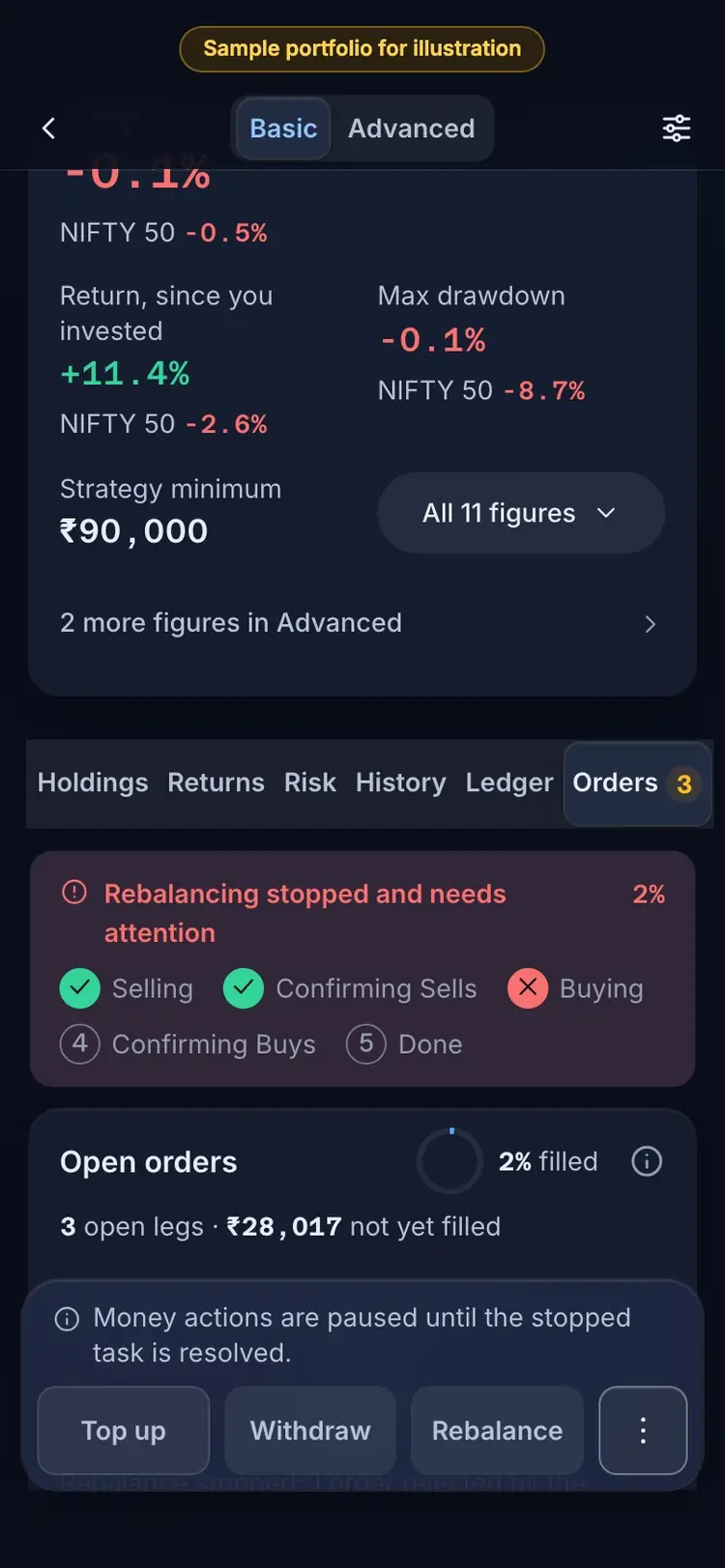 Where it is: the RupeeCase app on a phone, sample data, numbered markers on the buttons listed beside it