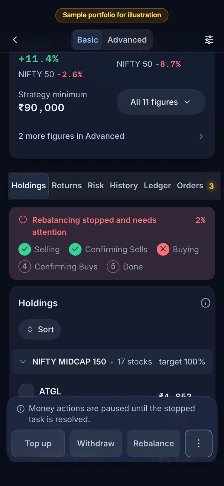 What it means: the RupeeCase app on a phone, sample data, numbered markers on the buttons listed beside it