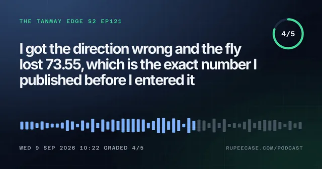 The Tanmay Edge EP121 card: I got the direction wrong and the fly lost 73.55, which is the exact number I published before I entered it, graded 4/5